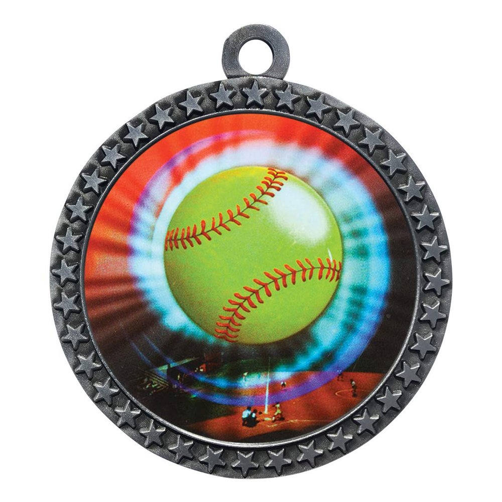 10 Pack of Softball Silver 2.25 Inch Medals Trophy Awards with Red White Blue Neck Ribbons D212S-MY402-10PK