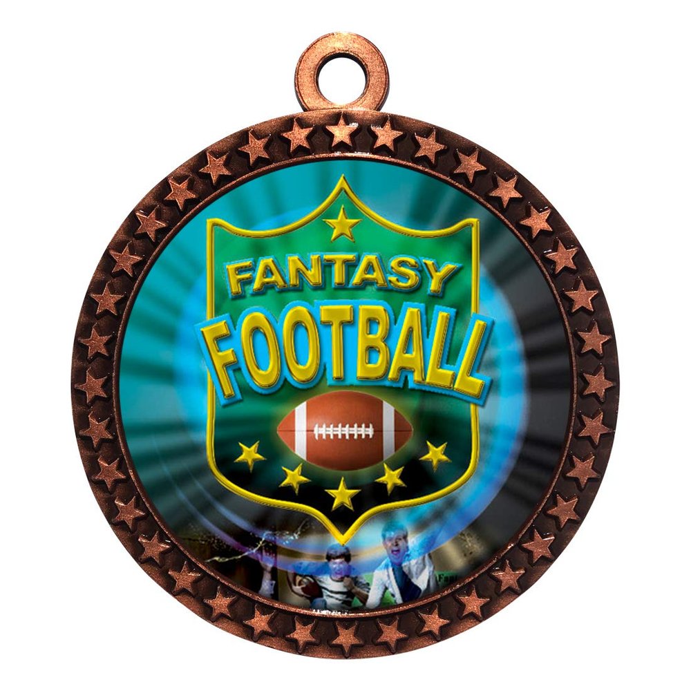 10 Pack of Fantasy Football Bronze 2.25 Inch Medals Trophy Awards with Red White Blue Neck Ribbons D212B-MY485-10PK