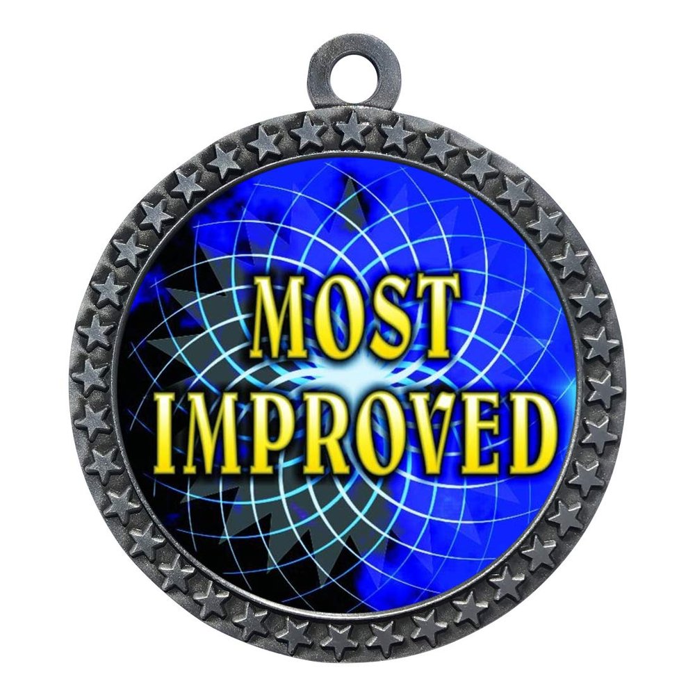 10 Pack of Most Improved Silver 2.25 Inch Medals Trophy Awards with Red White Blue Neck Ribbons D212S-FCL512-10PK