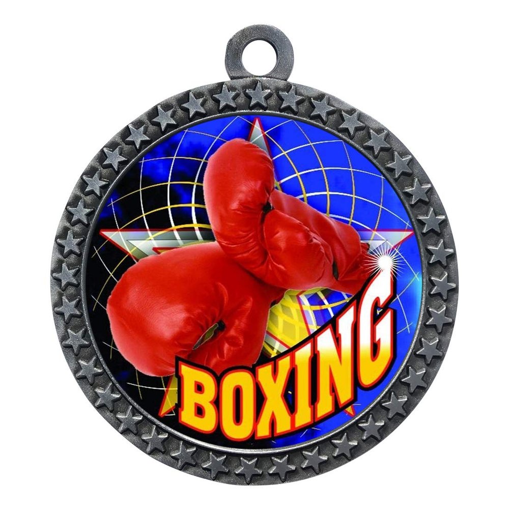 10 Pack of Boxing Silver 2.25 Inch Medals Trophy Awards with Red White Blue Neck Ribbons D212S-FCL430-10PK
