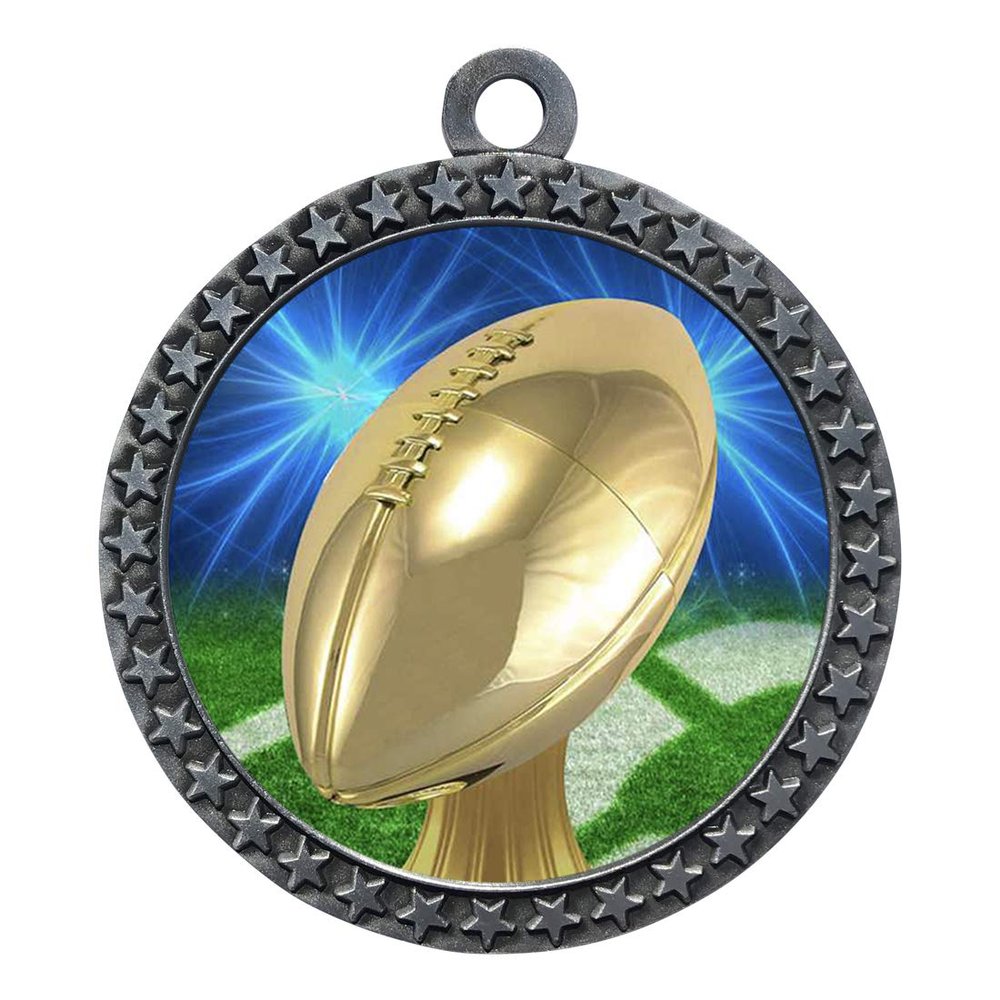 10 Pack of Football Silver 2.25 Inch Medals Trophy Awards with Red White Blue Neck Ribbons D212S-D20-10PK