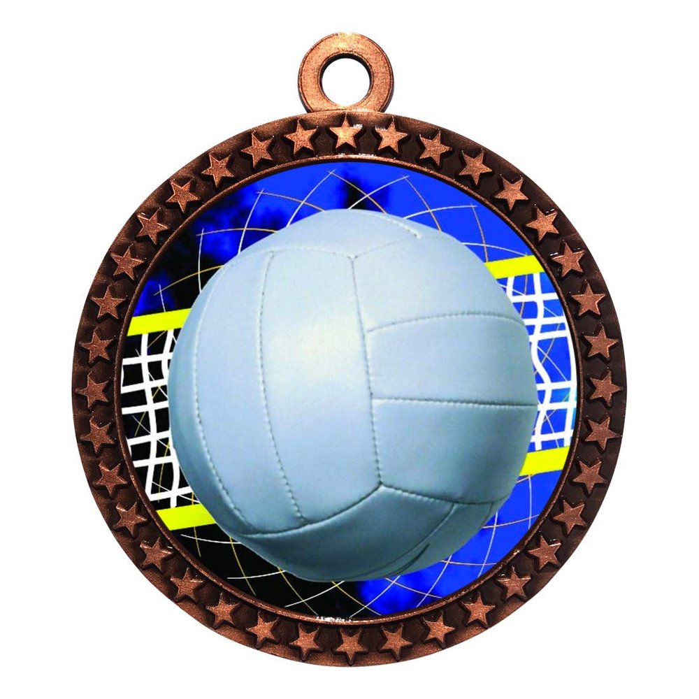 10 Pack of Volleyball Bronze 2.25 Inch Medals Trophy Awards with Red White Blue Neck Ribbons D212B-FCL572-10PK