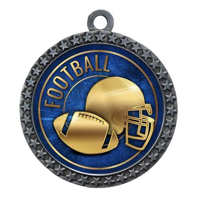 10 Pack of Football Silver 2.25 Inch Medals Trophy Awards with Red White Blue Neck Ribbons D212S-EG28-10PK