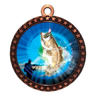 10 Pack of Bass Fishing Bronze 2.25 Inch Medals Trophy Awards with Red White Blue Neck Ribbons D212B-MY421-10PK