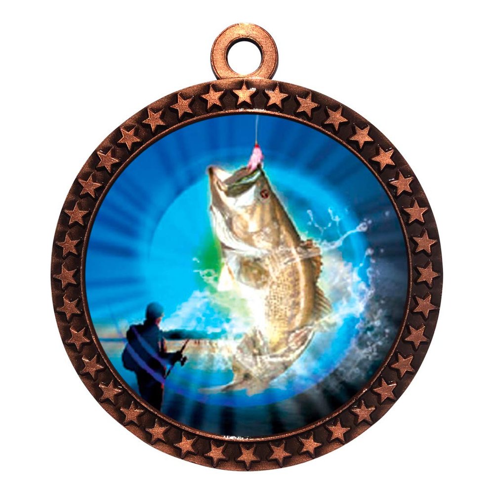 10 Pack of Bass Fishing Bronze 2.25 Inch Medals Trophy Awards with Red White Blue Neck Ribbons D212B-MY421-10PK