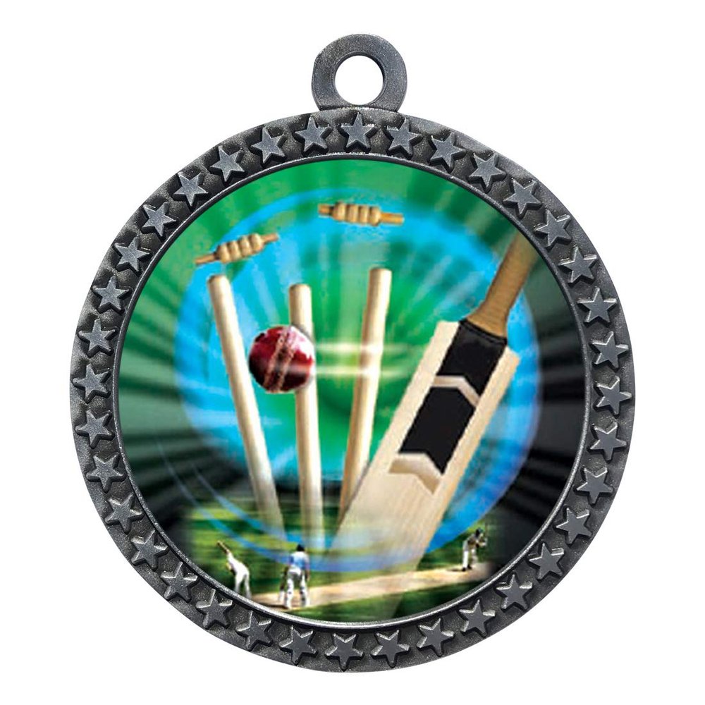 10 Pack of Cricket Silver 2.25 Inch Medals Trophy Awards with Red White Blue Neck Ribbons D212S-MY470-10PK