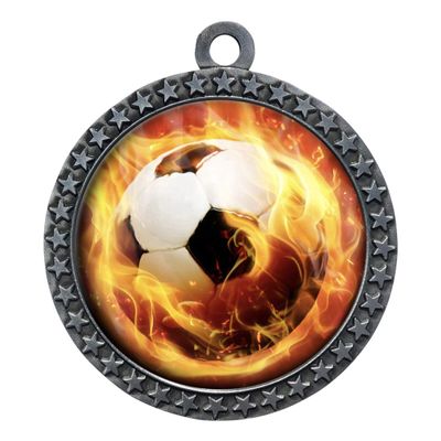 10 Pack of Flame Soccer Silver 2.25 Inch Medals Trophy Awards with Red White Blue Neck Ribbons D212S-EMFCL809-10PK