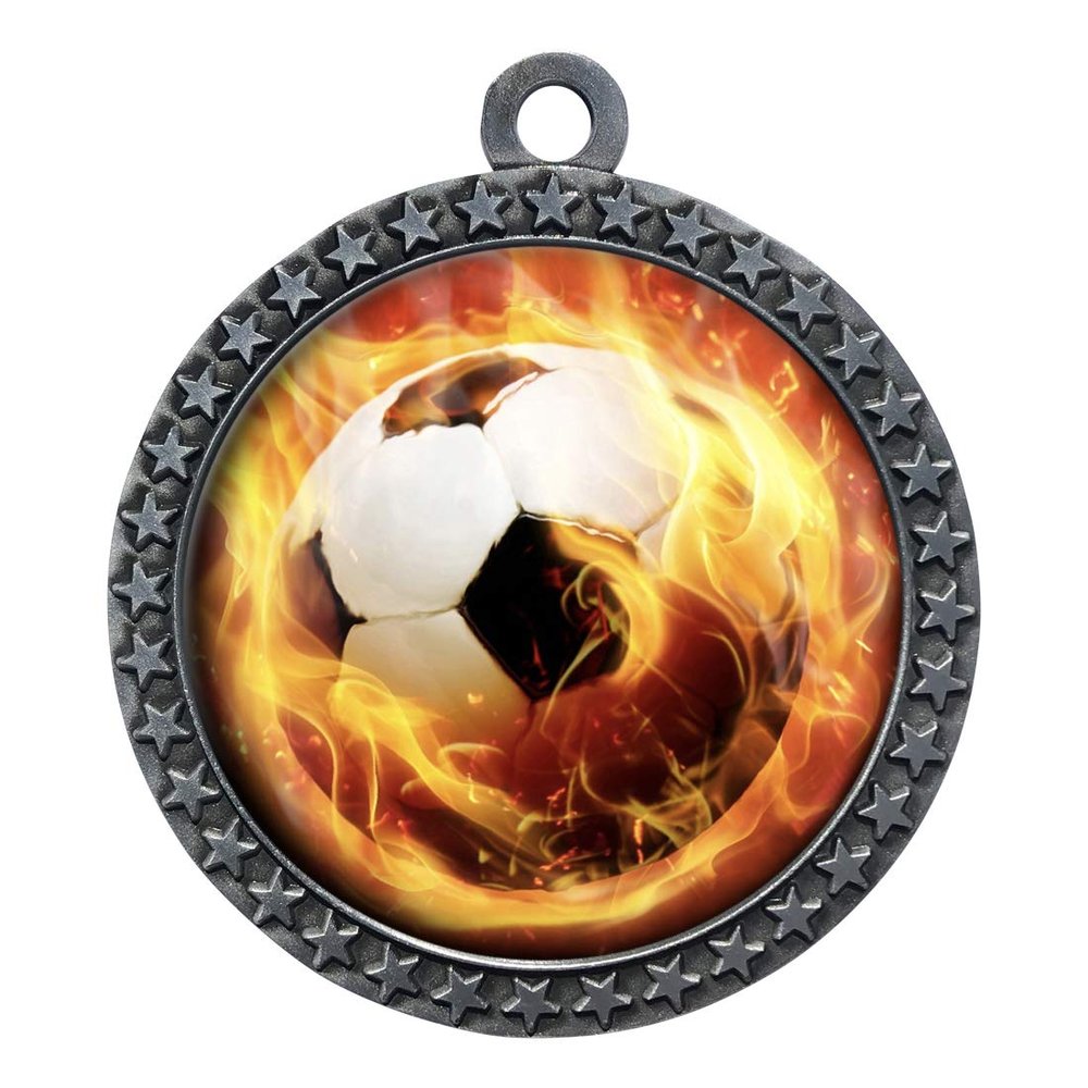 10 Pack of Flame Soccer Silver 2.25 Inch Medals Trophy Awards with Red White Blue Neck Ribbons D212S-EMFCL809-10PK