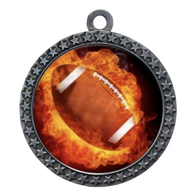 10 Pack of Flame Football Silver 2.25 Inch Medals Trophy Awards with Red White Blue Neck Ribbons D212S-EMFCL802-10PK