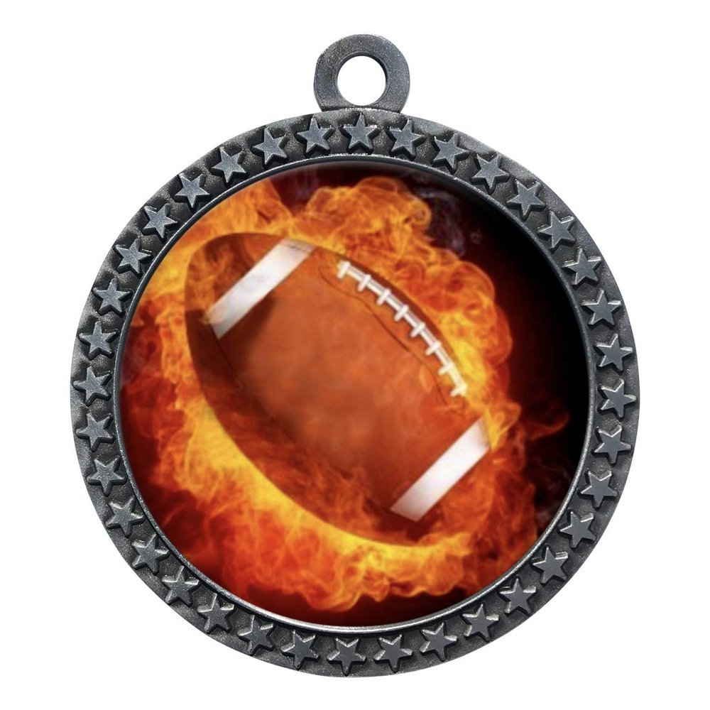 10 Pack of Flame Football Silver 2.25 Inch Medals Trophy Awards with Red White Blue Neck Ribbons D212S-EMFCL802-10PK