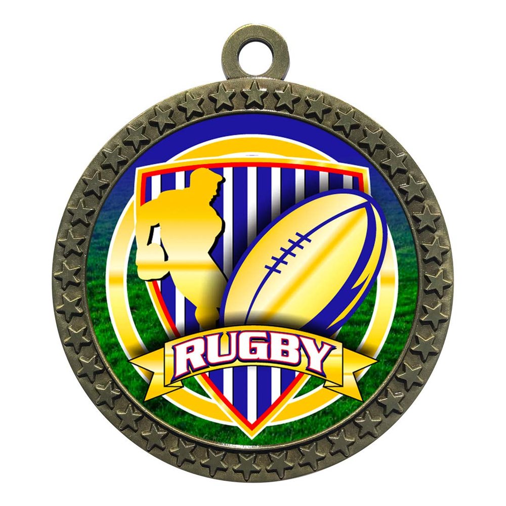 10 Pack of Rugby Gold 2.25 Inch Medals Trophy Awards with Red White Blue Neck Ribbons D212G-FCL539-10PK