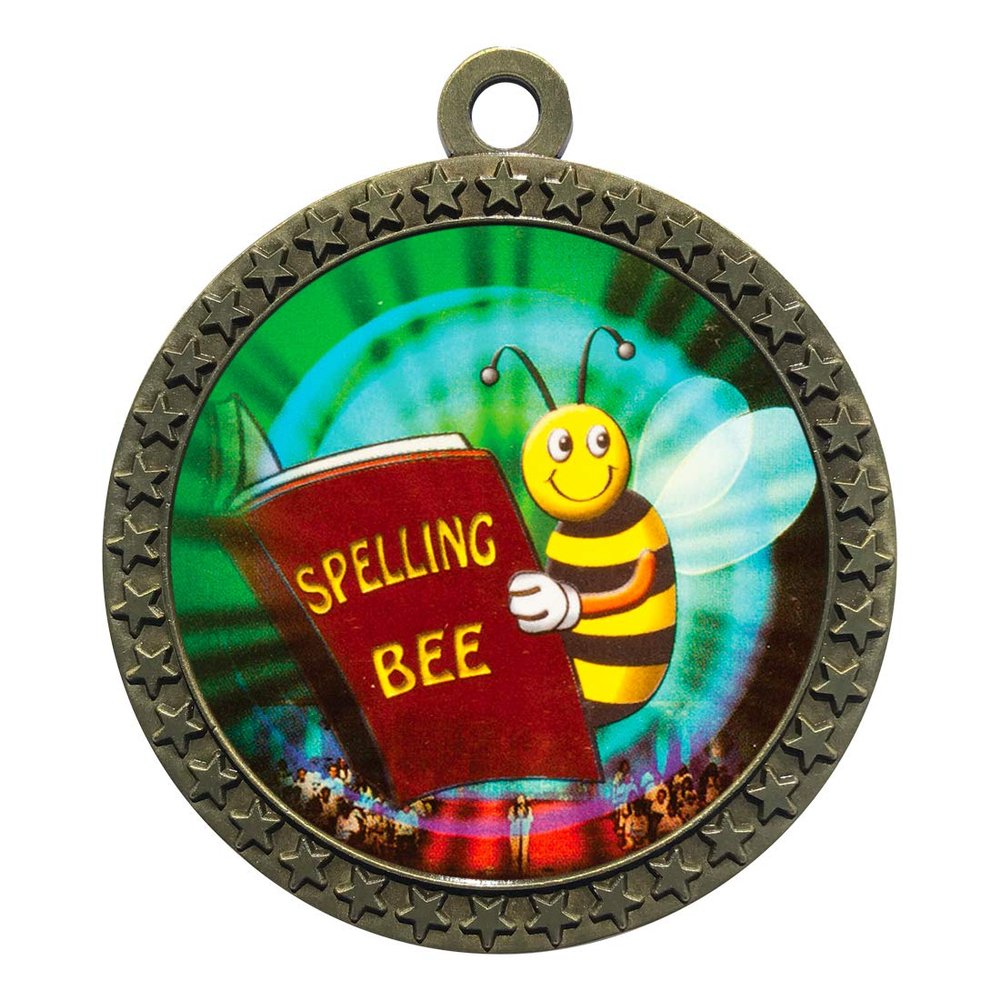 10 Pack of Spelling Bee Gold 2.25 Inch Medals Trophy Awards with Red White Blue Neck Ribbons D212G-MY447-10PK