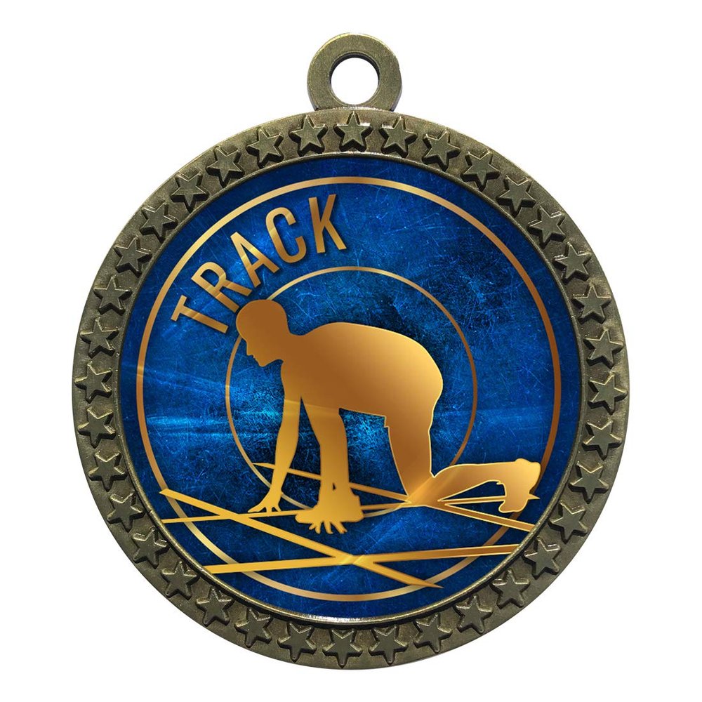10 Pack of Track Gold 2.25 Inch Medals Trophy Awards with Red White Blue Neck Ribbons D212G-EG58-10PK