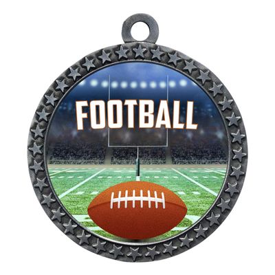 10 Pack of Football Silver 2.25 Inch Medals Trophy Awards with Red White Blue Neck Ribbons D212S-EG120-10PK