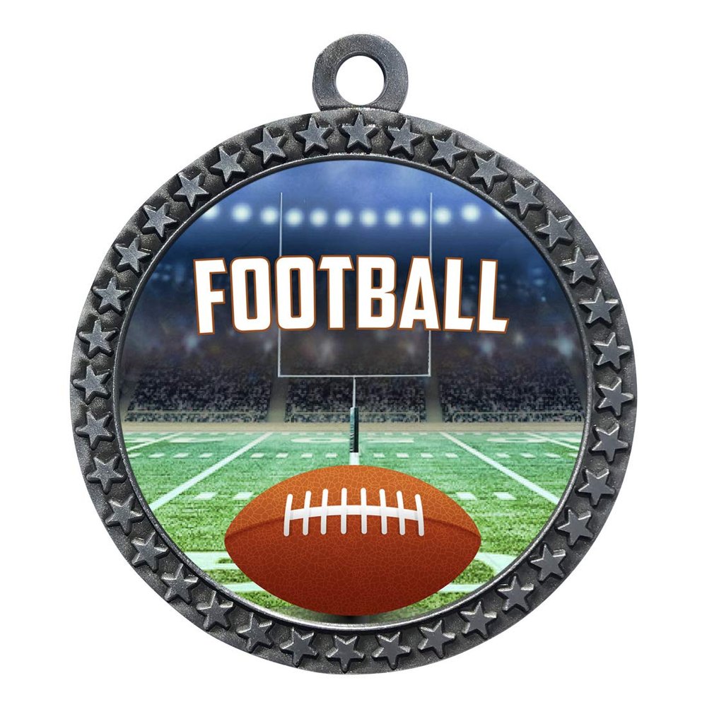 10 Pack of Football Silver 2.25 Inch Medals Trophy Awards with Red White Blue Neck Ribbons D212S-EG120-10PK