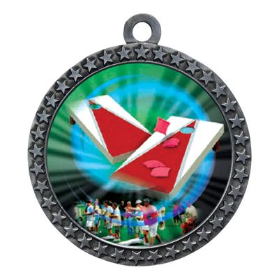 10 Pack of Cornhole Silver 2.25 Inch Medals Trophy Awards with Red White Blue Neck Ribbons D212S-MY469-10PK