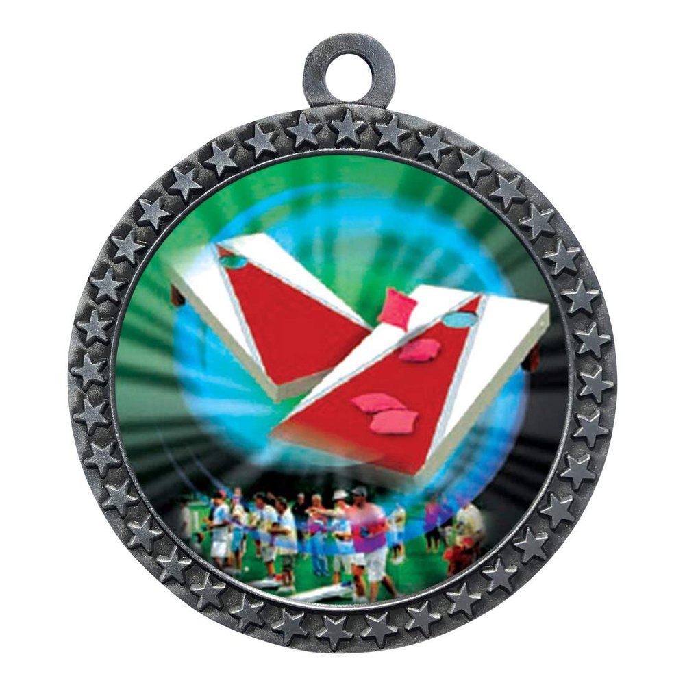 10 Pack of Cornhole Silver 2.25 Inch Medals Trophy Awards with Red White Blue Neck Ribbons D212S-MY469-10PK