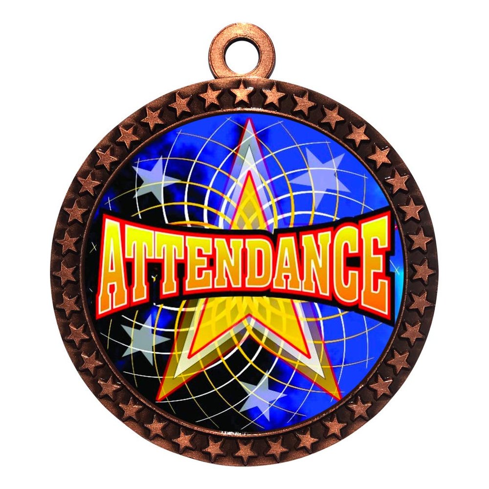 10 Pack of Attendance Bronze 2.25 Inch Medals Trophy Awards with Red White Blue Neck Ribbons D212B-FCL406-10PK