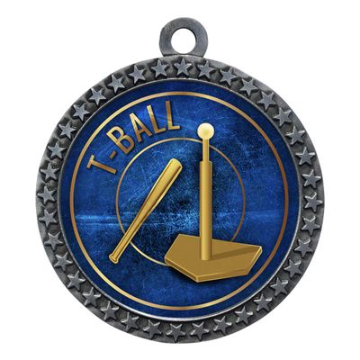 10 Pack of T Ball Tee Ball Silver 2.25 Inch Medals Trophy Awards with Red White Blue Neck Ribbons D212S-EG54-10PK