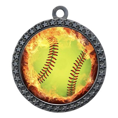 10 Pack of Flame Softball Silver 2.25 Inch Medals Trophy Awards with Red White Blue Neck Ribbons D212S-EMFCL805-10PK