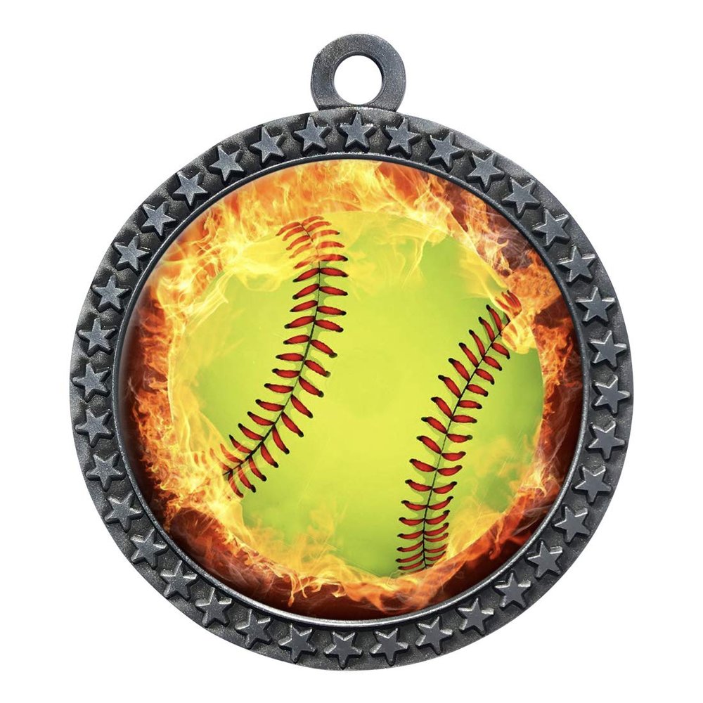 10 Pack of Flame Softball Silver 2.25 Inch Medals Trophy Awards with Red White Blue Neck Ribbons D212S-EMFCL805-10PK