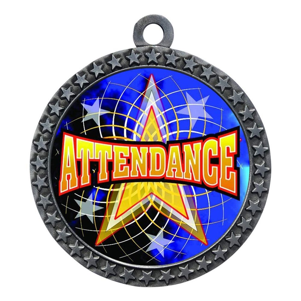 10 Pack of Attendance Silver 2.25 Inch Medals Trophy Awards with Red White Blue Neck Ribbons D212S-FCL406-10PK