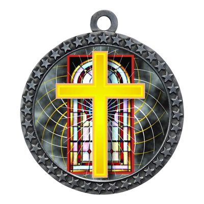 10 Pack of Religious Silver 2.25 Inch Medals Trophy Awards with Red White Blue Neck Ribbons D212S-FCL528-10PK
