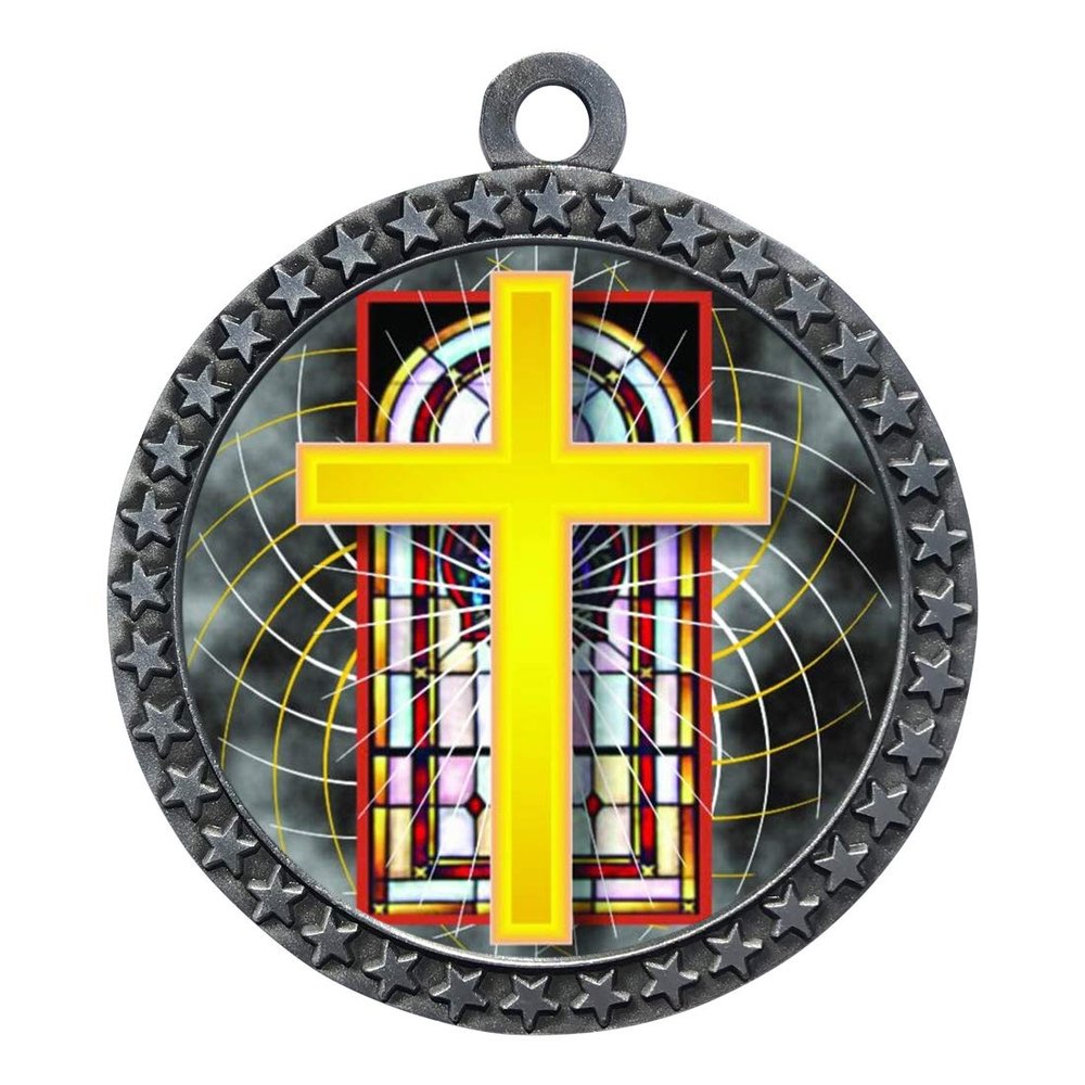 10 Pack of Religious Silver 2.25 Inch Medals Trophy Awards with Red White Blue Neck Ribbons D212S-FCL528-10PK