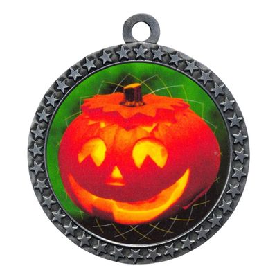 10 Pack of Halloween Silver 2.25 Inch Medals Trophy Awards with Red White Blue Neck Ribbons D212S-FCL493-10PK