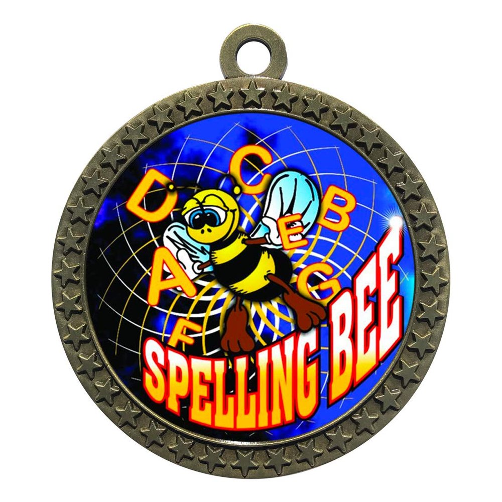 10 Pack of Spelling Bee Gold 2.25 Inch Medals Trophy Awards with Red White Blue Neck Ribbons D212G-FCL554-10PK