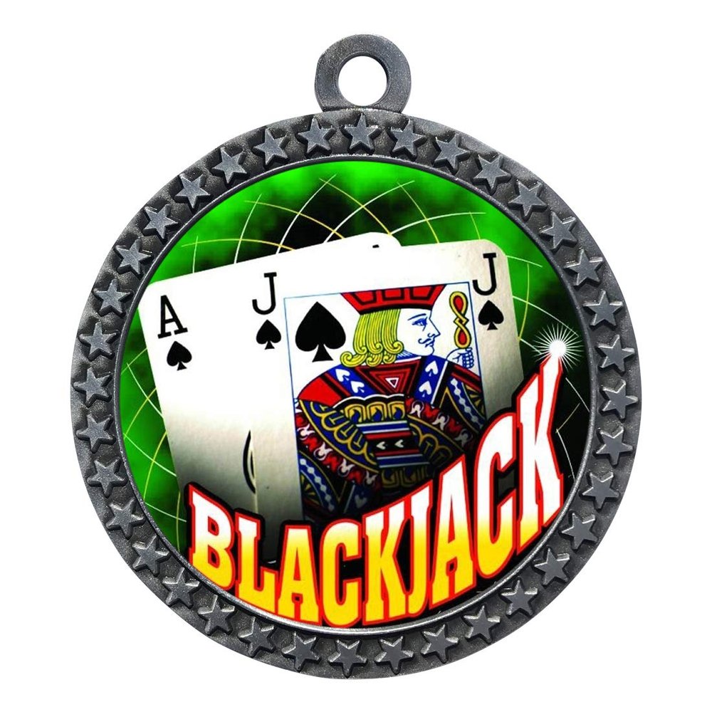10 Pack of Blackjack Silver 2.25 Inch Medals Trophy Awards with Red White Blue Neck Ribbons D212S-FCL415-10PK