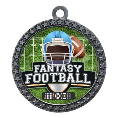 10 Pack of Fantasy Football Silver 2.25 Inch Medals Trophy Awards with Red White Blue Neck Ribbons D212S-EG100-10PK