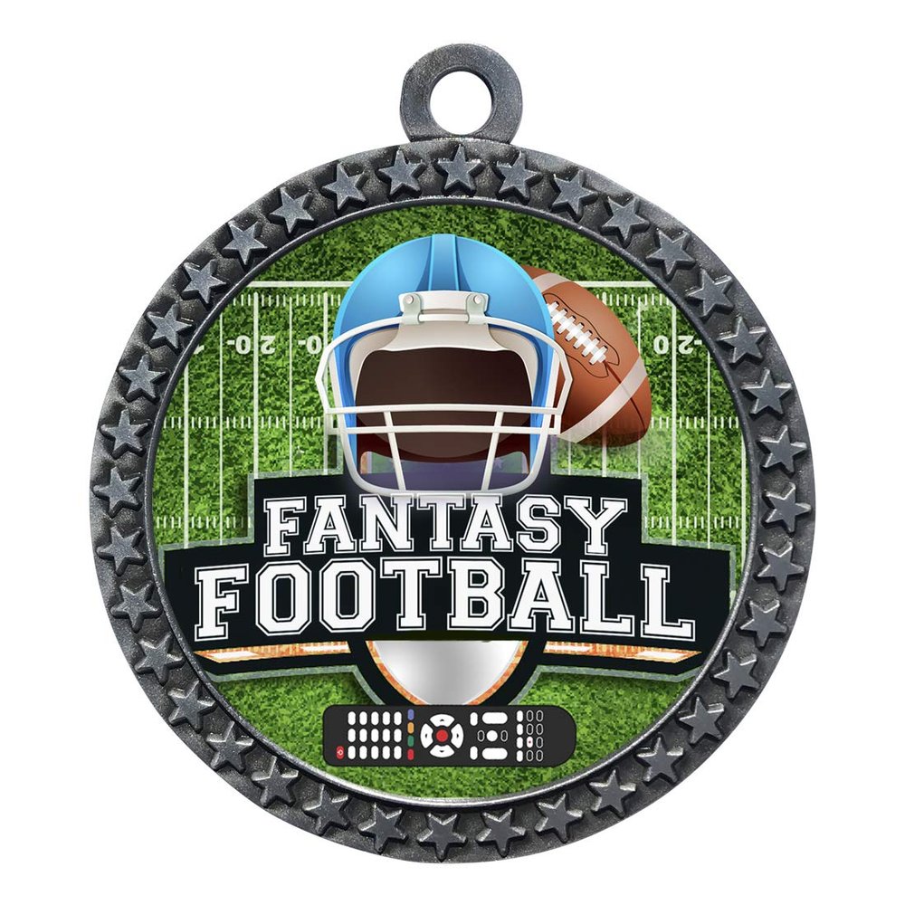 10 Pack of Fantasy Football Silver 2.25 Inch Medals Trophy Awards with Red White Blue Neck Ribbons D212S-EG100-10PK