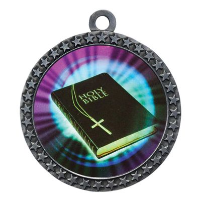 10 Pack of Holy Bible Silver 2.25 Inch Medals Trophy Awards with Red White Blue Neck Ribbons D212S-MY408-10PK
