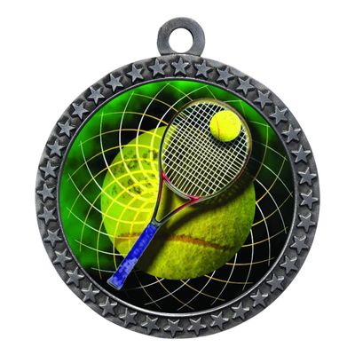 10 Pack of Tennis Silver 2.25 Inch Medals Trophy Awards with Red White Blue Neck Ribbons D212S-FCL566-10PK