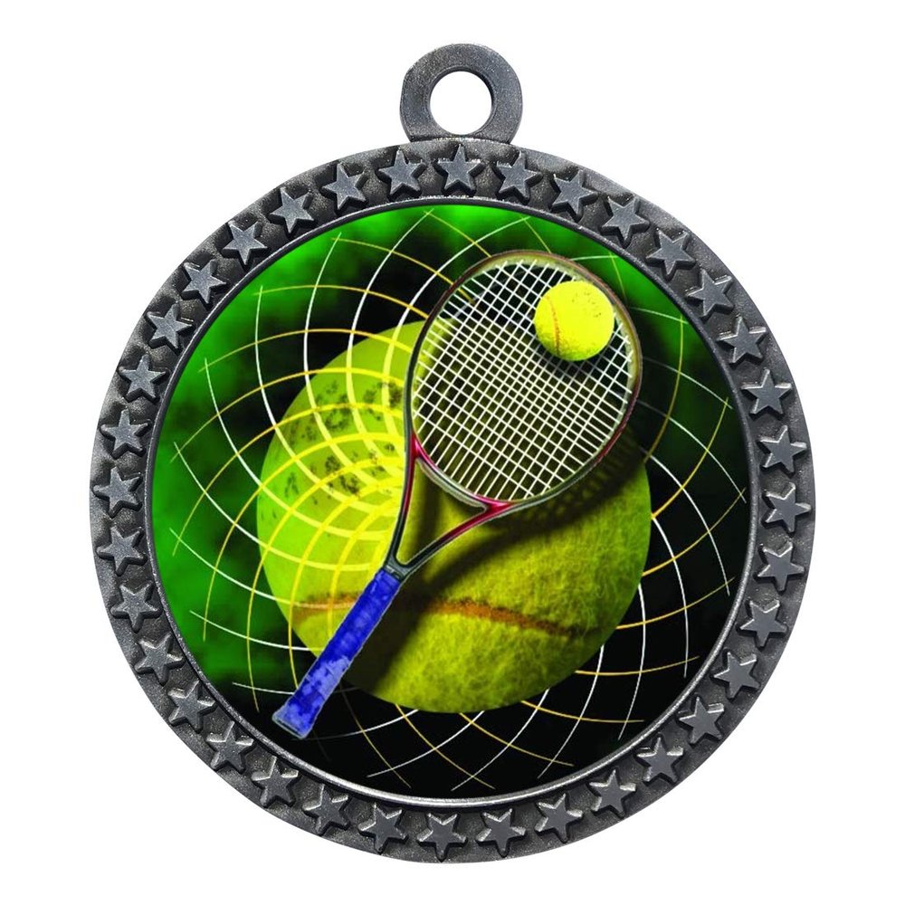 10 Pack of Tennis Silver 2.25 Inch Medals Trophy Awards with Red White Blue Neck Ribbons D212S-FCL566-10PK