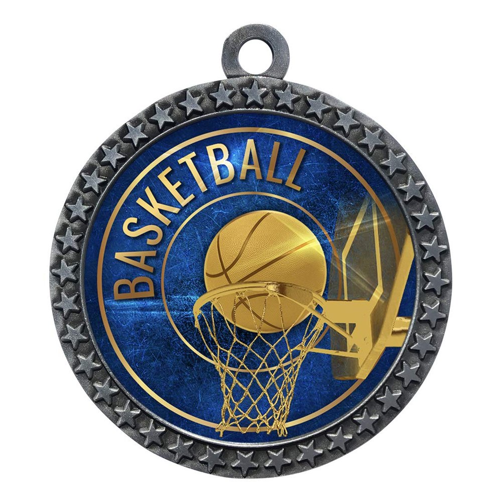 10 Pack of Basketball Silver 2.25 Inch Medals Trophy Awards with Red White Blue Neck Ribbons D212S-EG12-10PK