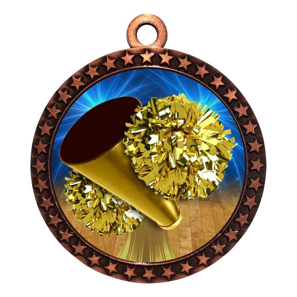 10 Pack of Cheerleading Bronze 2.25 Inch Medals Trophy Awards with Red White Blue Neck Ribbons D212B-D15-10PK