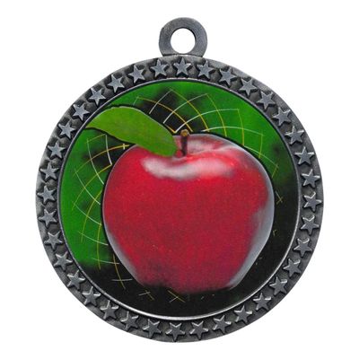 10 Pack of Scholastic Apple Silver 2.25 Inch Medals Trophy Awards with Red White Blue Neck Ribbons D212S-FCL403-10PK