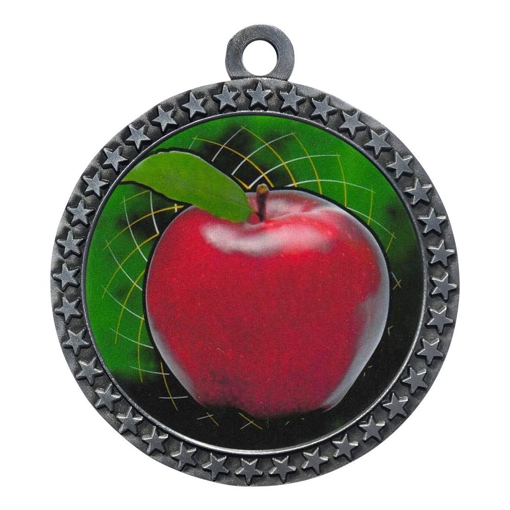 10 Pack of Scholastic Apple Silver 2.25 Inch Medals Trophy Awards with Red White Blue Neck Ribbons D212S-FCL403-10PK