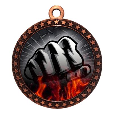 10 Pack of Martial Arts Fist Bronze 2.25 Inch Medals Trophy Awards with Red White Blue Neck Ribbons D212B-FCL507-10PK