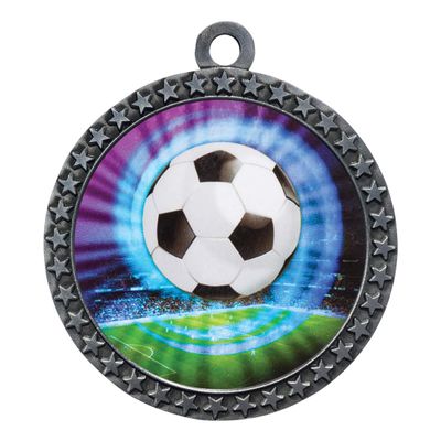 10 Pack of Soccer Silver 2.25 Inch Medals Trophy Awards with Red White Blue Neck Ribbons D212S-MY446-10PK