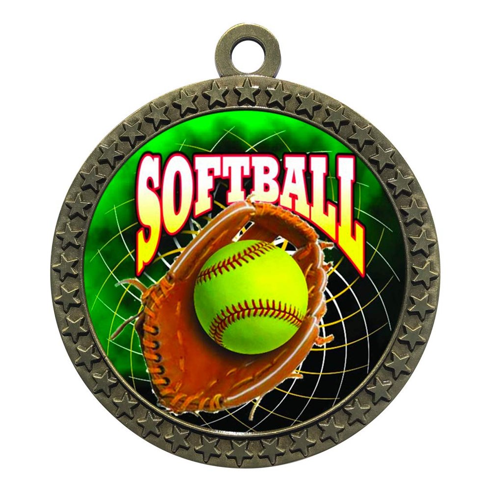 10 Pack of Softball Gold 2.25 Inch Medals Trophy Awards with Red White Blue Neck Ribbons D212G-FCL547-10PK
