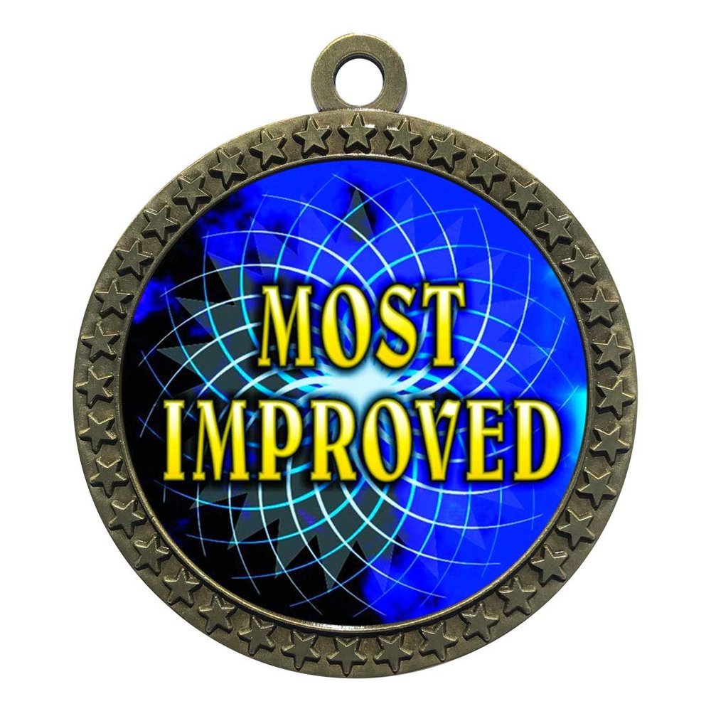 10 Pack of Most Improved Gold 2.25 Inch Medals Trophy Awards with Red White Blue Neck Ribbons D212G-FCL512-10PK