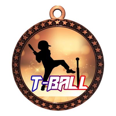 10 Pack of T Ball Tee Ball Bronze 2.25 Inch Medals Trophy Awards with Red White Blue Neck Ribbons D212B-EG220-10PK