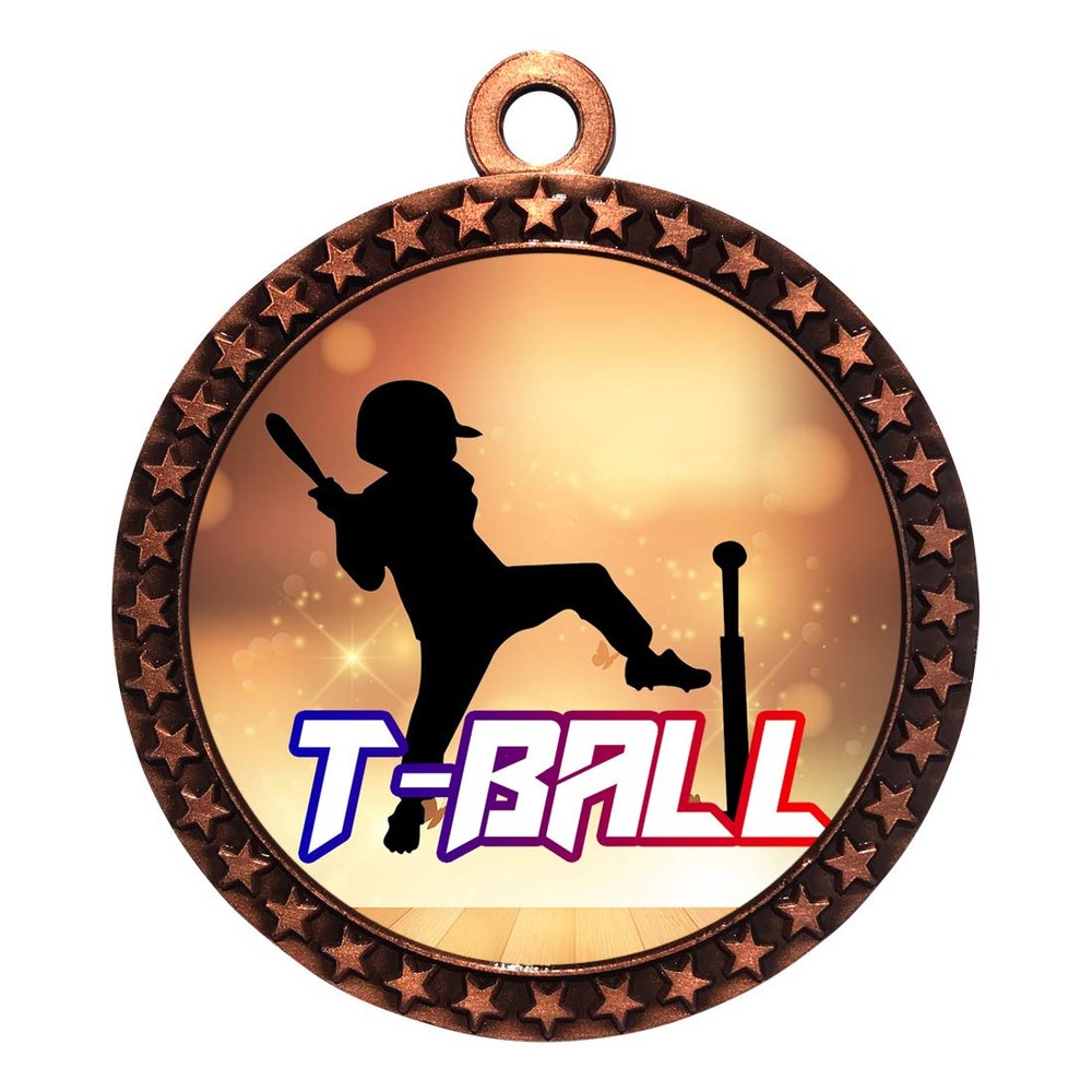 10 Pack of T Ball Tee Ball Bronze 2.25 Inch Medals Trophy Awards with Red White Blue Neck Ribbons D212B-EG220-10PK