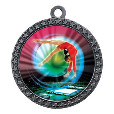 10 Pack of Female Gymnasitcs Silver 2.25 Inch Medals Trophy Awards with Red White Blue Neck Ribbons D212S-MY477-10PK