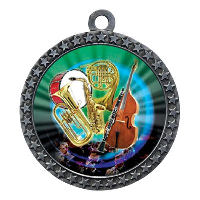 10 Pack of Band Orchestra Silver 2.25 Inch Medals Trophy Awards with Red White Blue Neck Ribbons D212S-MY467-10PK