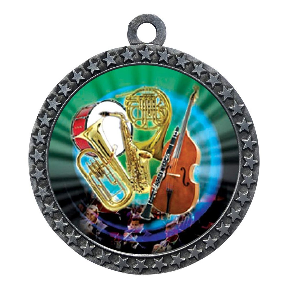 10 Pack of Band Orchestra Silver 2.25 Inch Medals Trophy Awards with Red White Blue Neck Ribbons D212S-MY467-10PK