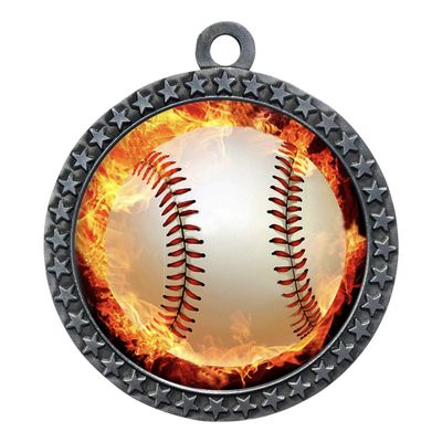 10 Pack of Flame Baseball Silver 2.25 Inch Medals Trophy Awards with Red White Blue Neck Ribbons D212S-EMFCL808-10PK